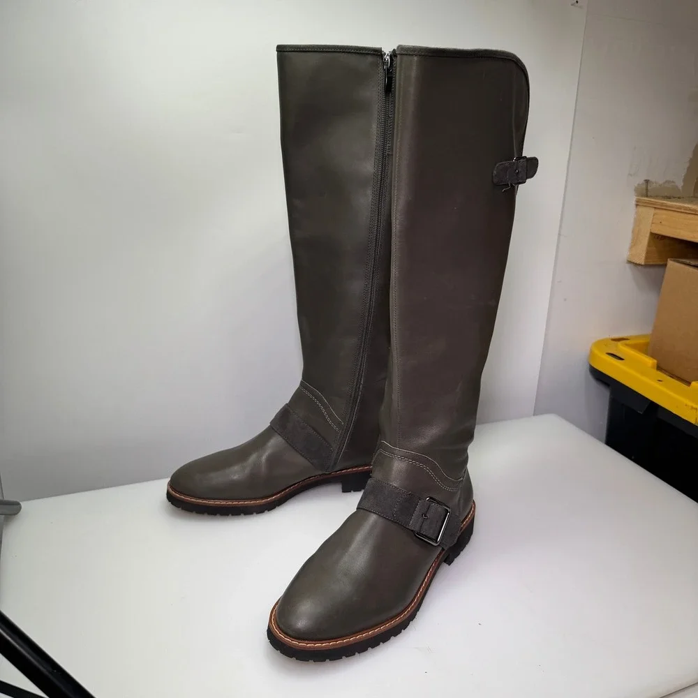 New Franco‎ Sarto Cutler Tall Riding Boots Womens 10M Grey Leather Buckle Knee